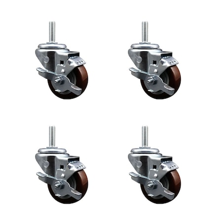 Service Caster 3 Inch Maroon Polyurethane Wheel Swivel 34 Inch Threaded Stem Caster Set with Brake SCC SCC-TS20S314-PPUB-MRN-TLB-34212-4